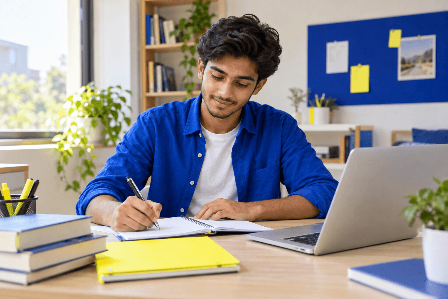 Illustrative Pakistani university student studying beside a laptop
