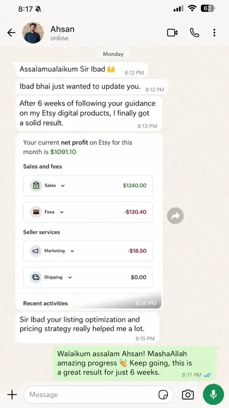 Student Etsy earning screenshot