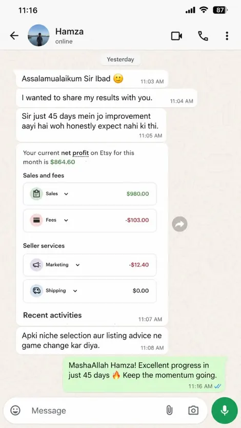 Student Etsy earning screenshot