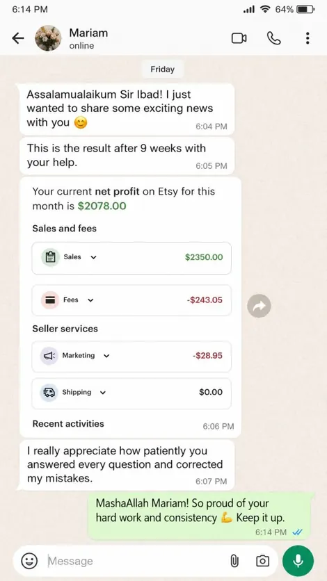 Student Etsy earning screenshot