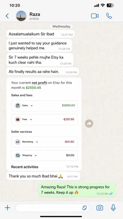 Student Etsy earning screenshot