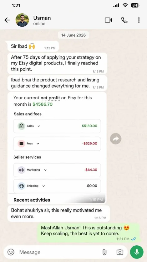 Student Etsy earning screenshot